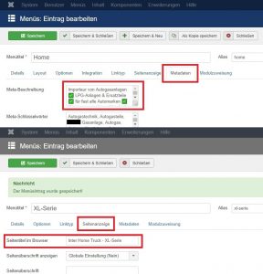 Metadaten-Eingabe in Joomla - Menüeinträge